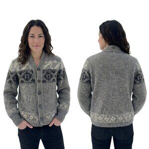 Vintage Icelandic Wool Cardigan Sweater M Nordic Pattern Gray Button-Up V-Neck